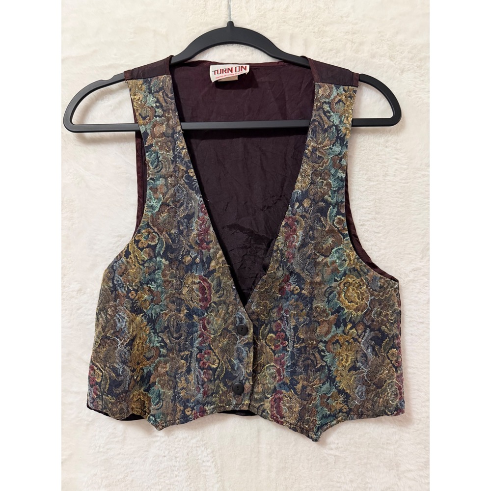 Turn On Vintage Tapestry Vest Womens Large Floral Brocade Metallic Cropped USA